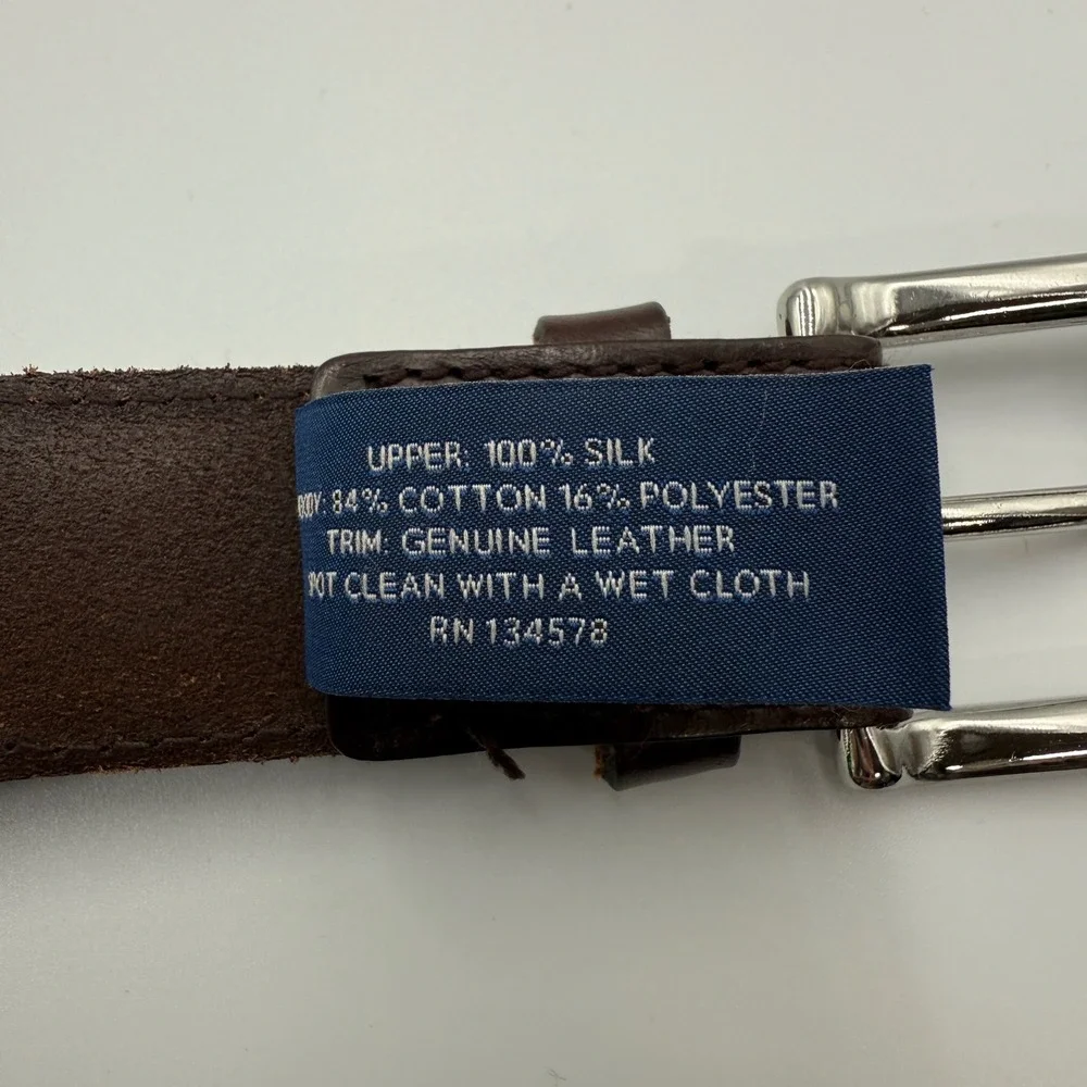 Vineyard Vines Mens Belt Navy Blue Canvas Silk Lime Key Print Leather Trim Sz 34